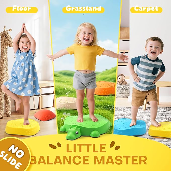 6PCS Dinosaur Stepping Stones for Kids with 3 Wooden Dice (Emotion/Action/Color)-Balance Stone Interactive Play Toddler Stepping Stones for Indoor/Outdoor,Sensory Toys for Toddlers