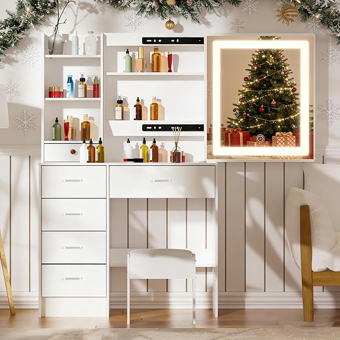 Vanity Desk with Sliding LED Mirror and Lights, Makeup Vanity Desk with Lighted Mirror, 3-Color Adjustable Brightness, USB Port, Drawers, Small White Vanity Set with Stool for Bedroom, Girls & Women