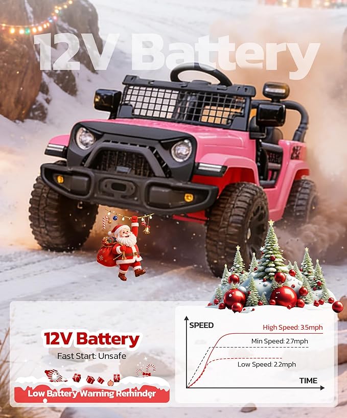 ELEMARA Kids Ride on Car, 12V Ride on Toys w/Remote, Electric Cars for Kid w/Bluetooth, LED Lights, Battery Car for Toddlers, Battery Powered Off-Road Vehicle w/Shock Absorbers, Kids Driving Car-Pink