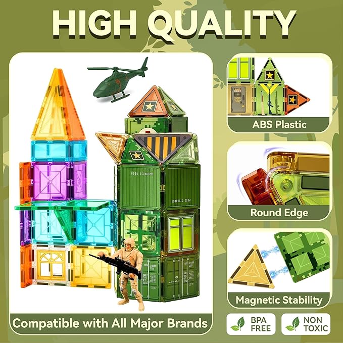 VigorFun Army Magnetic Tiles Building Toys Set for Kids Ages 3-5 4-8, STEM Military Magnetic Blocks with Army Men for Toddler, Educational Sensory Magnet Toys Gifts for Boys Girls Learning Classroom