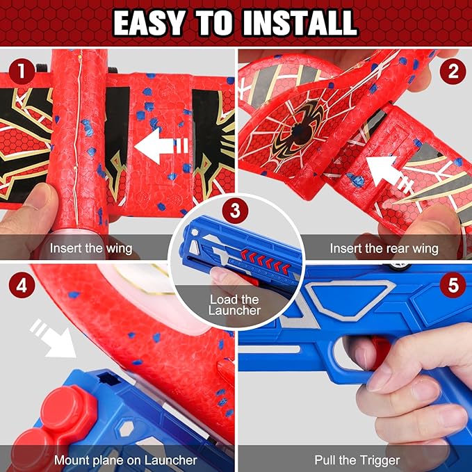 Fuwidvia 3 Pack Airplane Launcher Toys, 13.2'' Spider LED Foam Glider Catapult Plane Toy for Boys, 2 Flight Modes Outdoor Flying Toys Birthday Gifts for Boys Girls 4 5 6 7 8 9 10 11 12 Year Old