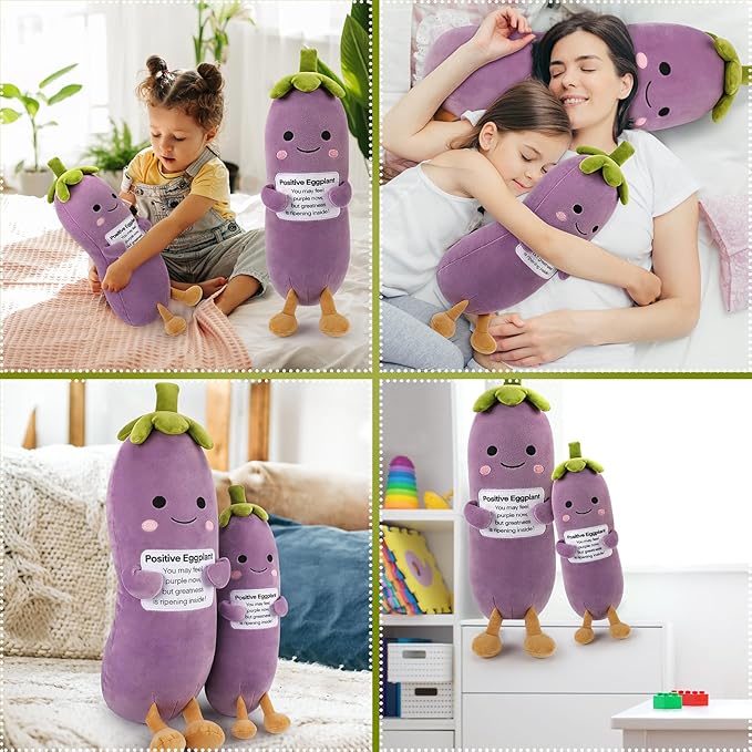Positive Eggplant Pickle,Pickle Stuffed Animal-12.6” Plush Eggplant Stuffed Animal with Positive Words,Kawaii Plush Toys Vegetable Plushies Pillow,Birthday&Christmas Gifts for Kids Adults