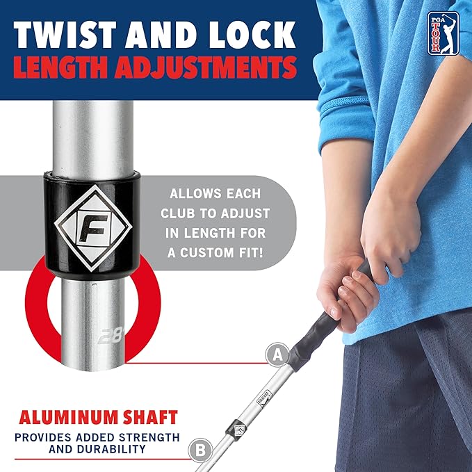 Franklin Sports PGA Tour Kids Golf Set - Youth Adjustable Plastic Golf Club Set - Kids Plastic Golf Set with Bag and Balls - Adjustable Length Clubs for Toddlers - Red & Blue