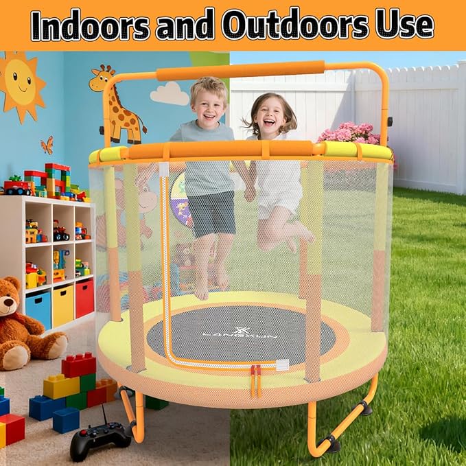 LANGXUN 60" Trampoline for Kids, 5ft Toddler Mini 6-in-1 Trampoline Indoor Outdoor with Swing, Basketball Hoop, Dart Board, Rings, Christmas Toys Birthday Gifts for Girls Boys