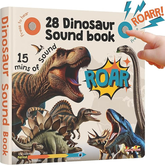 LEARNING BUGS Dinosaur Sound Book for Kids 3-5, 28 Realistic Sounds. Explore Land, Sky, & Sea Dinosaurs, Perfect Educational Toy and Gift for Toddlers