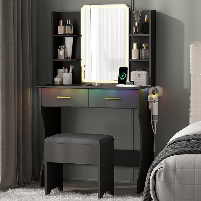 Small Vanity Desk with Mirror and Lights, Makeup Vanity Table Set with 3 Lighting Modes & Adjustable Brightness, Power Outlet, Storage Drawers, Cushioned Stool, Dressing Table for Women Girls
