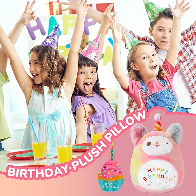 Sioloc10.6 Rainbow Birthday Cat Plush Pillow - Soft Kitten Stuffed Animal Toy, for Kids, Toddlers, Birthday Decor