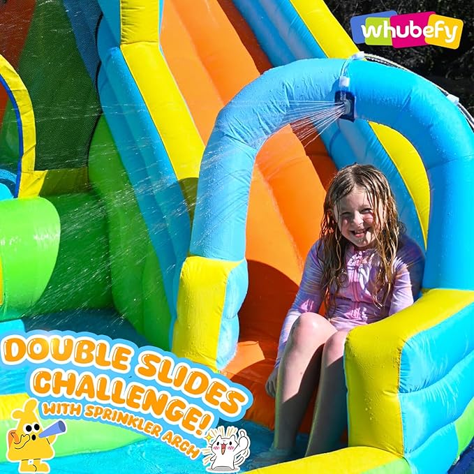 Whubefy Inflatable Water Slide Bounce House for Kids Backyard Blow Up Water Park with Dual Slides & Double Splash Pools, Ring Toss & Water Cannon, Arch & Overhead Sprinkler for Indoor Outdoor Play