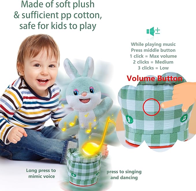 Talking Dancing Bunny Baby Toy for Kids Interactive Plush Toddlers Toys Talking Bunny Repeats What You Say Realistic Plush Educational Toy Teen Easter Bunny Basket Stuffers Gifts Girls Boys Birthday