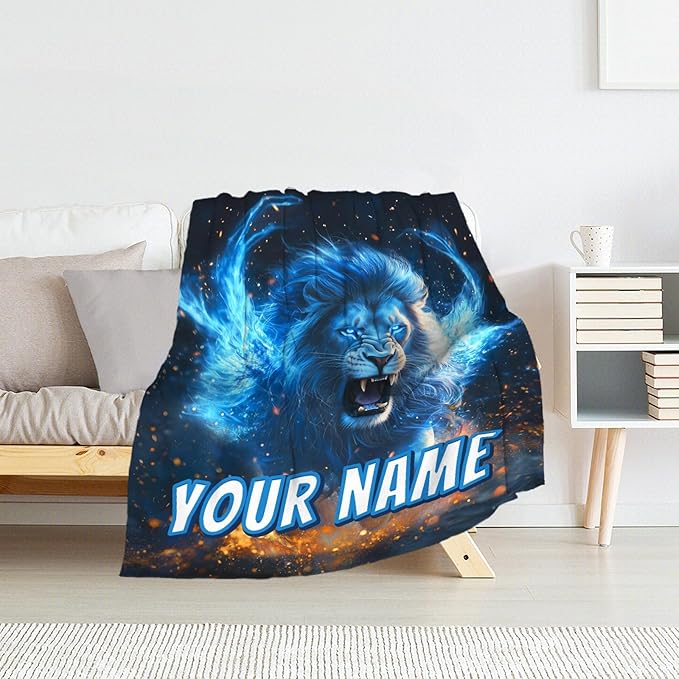 Boys Blanket Custom Lion Gifts - Lion Throws Personalized Flannel Warm Comfy Blankets for Couch Sofa