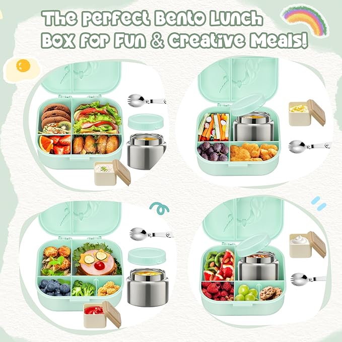 Kids Lunch Box Set -12oz Insulated Food Jar, Thermal Bag,Leakproof Lunch Food Containers Cutlery (BPA Free)-Gift for Girls/Boys Age 3-10(Green)