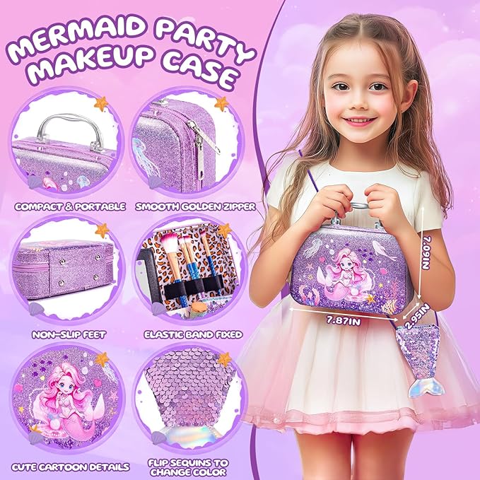 Kids Makeup for Toddlers Toys, Washable Make Up Set Non-Toxic Mermaid Toys for Girls, Kids Hair, Nail Polish, Brushes, Purse Accessories, Princess Christmas Birthday Gift Toys for Girls 3+
