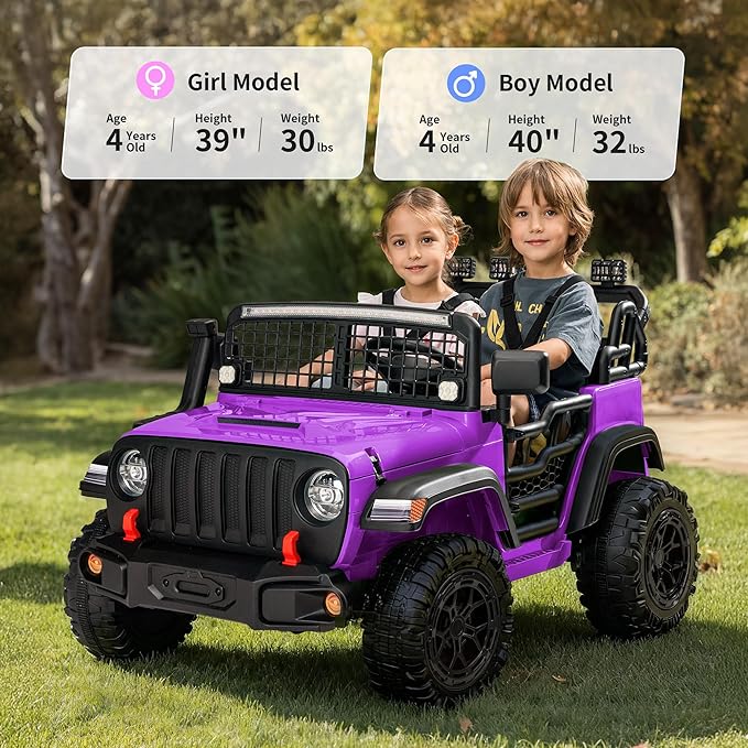 2 Seater Ride on Car Toy, 12V Electric Car for Kids 4-8 with Remote Control, Capacity 110 lb, LED Light - Purple