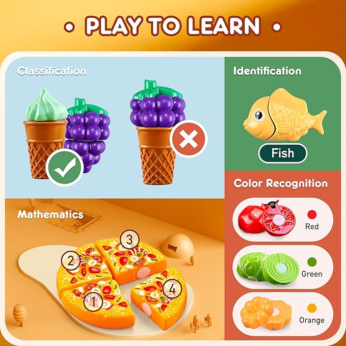 Play Food Sets for Kids Kitchen,66PCS Play Kitchen Accessories,Cutting Toy Food Kids Kitchen Accessories with Pizza,Fruits & Storage Bag,Educational Toys Gift for Boys Girls 3 Year Old