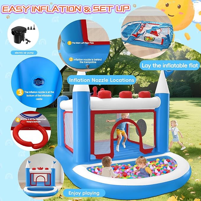 Kids Bounce House with Ball Pit, Basketball Hoop, Target Game and Ring Toss Game PVC Jumping Castle with Electric Air Pump 98”x 70”x 65” Trampoline for Ages 3-8 Indoor or Outdoor Play