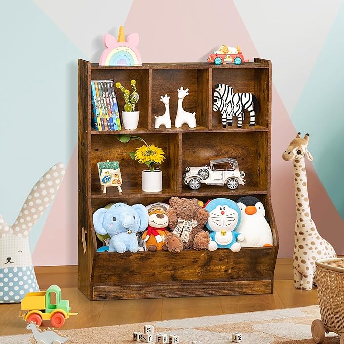 Lerliuo Kids Toy Storage Organizer, 3 Tier Children Small Bookcase and Bookshelf, Toddler 7 Cubby Toy Storage Cabinet, Toy Shelf for Playroom, Bedroom, Living Room, Nursery, School 29.53'' H (Brown)