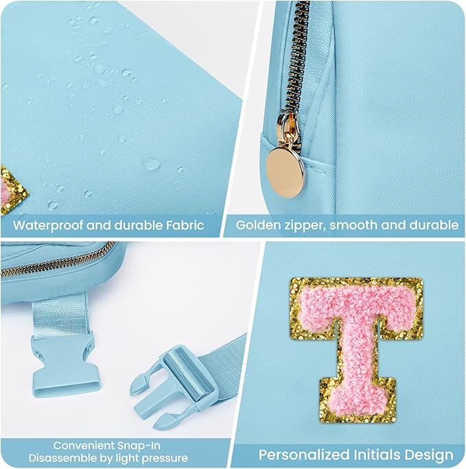 Crossbody Bag for Girls, Belt Bag for Women Fanny Pack for Kids Teen,Women Fashion Monogrammed Waist Packs Trendy Bags Travel Essentials (Blue,T)