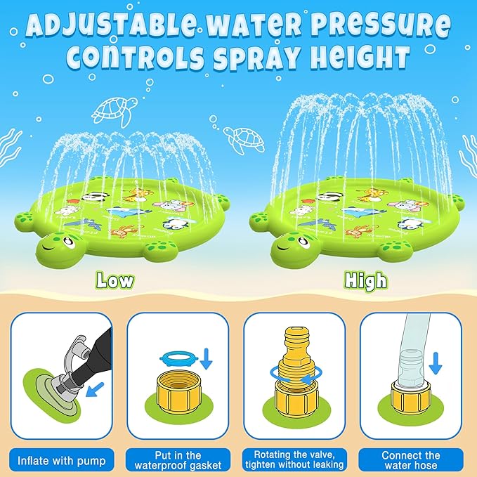 Splash Pad for Toddlers 1-3, 67" Turtle Sprinkler & Splash Play Mat, Inflatable Baby Kid Pool, Summer Outdoor Water Toys for Toddlers, Boys, Girls Backyard Garden Lawn Games