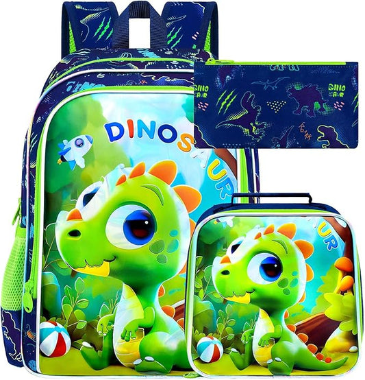 16" Dinosaur Backpack, 3Pcs Boy Bookbag for Elementary Preschool Kindergarten, Kids School Backpacks with Lunch Box (Green)