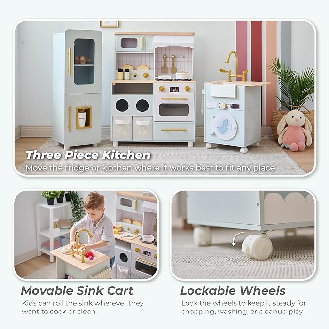 Teamson Kids Little Chef Savannah Wooden Montessori Pretend Play Kitchen for Toddlers Kids Ages 3+ Modular Three-Piece Set with Sink Cart Stove & Fridge for Boys and Girls Playset, Green