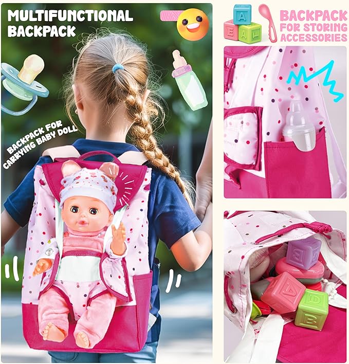 SMILESSKIDDO Baby Doll with Backpack Carrier, 14'' Realistic Dolls with Accessories, Includes Feeding Playset, Baby Care Set, Toddler Pretend Play Babydoll Toys for 1 2 3+ Year Old Kids Girls