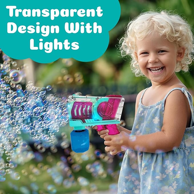 WOWMAZING PoppinColorz Cozmic Light-Up Color Bubbles Blaster with 1 Pink, 1 Blue and 2 Clear Bubble Solutions Made in The USA - No Dipping Necessary - Easy Click Trigger for Small Hands