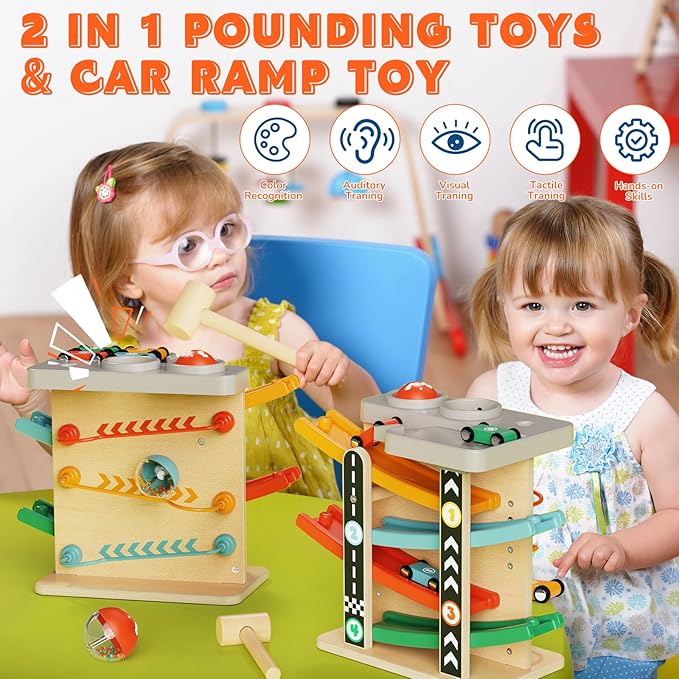 Toddler Toys for 1 Year Old Boy Girl 2 in 1 Pound Ball Toy & Car Ramp Race Track Learning Early Developmental & Educational Montessori Toys for Toddler 1-3 Year Old Birthday Gifts