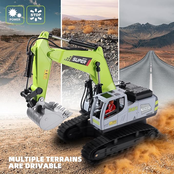 Remote Control Excavator Toys for Boys,16 Channel Dual Speed Control RC Excavator Construction Toys with Metal Shovel & Light,Simulated Smoke,Christmas Birthday Gift Toy for Boys Kids