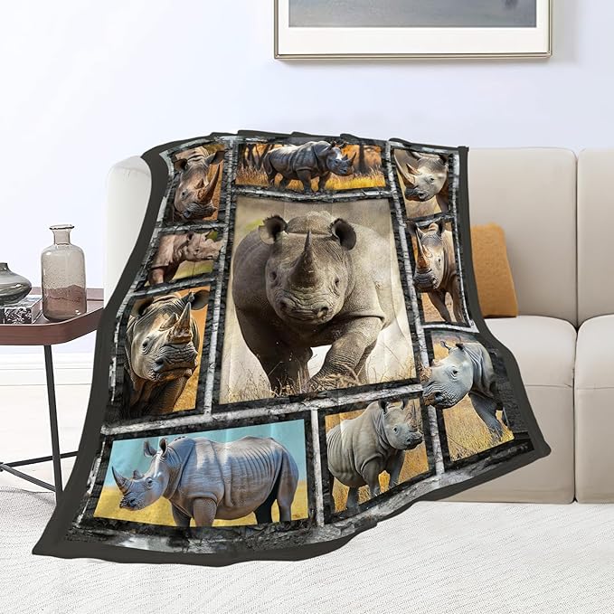 White Rhino Blanket Rhinos Animal Throw Blankets Gifts for Girls Boys Kids Rhino Lover Soft Cozy Fleece Plush for Couch Sofa Bed 50"x40"