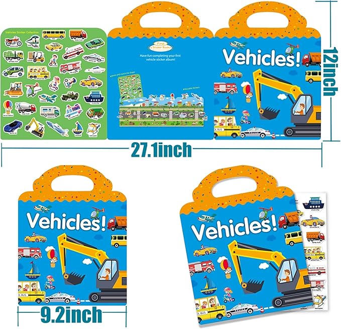 Reusable Sticker Books for Kids, Travel Removable Toddler Vehicle Sticker Books for 3 4 5 Year Old Girls Boys Birthday Gifts Educational Learning Toys for Age 3-5