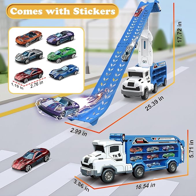 Toddler Car Truck Toys,Car Carrier Trucks Toy for Kids Age 3-5 4-8,Foldable Car Track Sets with 2.8-Ft Race Track and 6 Die-Cast Race Cars, Truck Toys Gifts for 3 4 5 6 7 8+ Year Old Boys Girls(Blue)