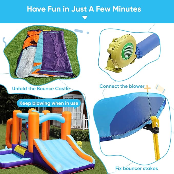 TABU Inflatable Bounce House with Slide, Kids Bounce Castle for Indoor Outdoor Play, Jumping Castle with Air Blower, Ball Pit Pool, Basketball Hoop & Football Goal, for Kids Aged 3-8 (158x116x72.8IN)