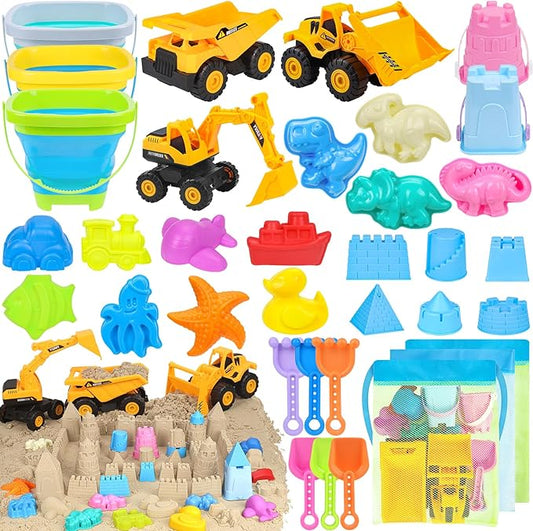 Beach Toys, 35Pcs Sand Toys with 3 Construction Vehicles, 3 Collapsible Beach Bucket, Sand Castle Building Kit, Sand Molds, Shovel Set, Mesh Bag, Travel Toys for Toddlers Kids Boys Girls