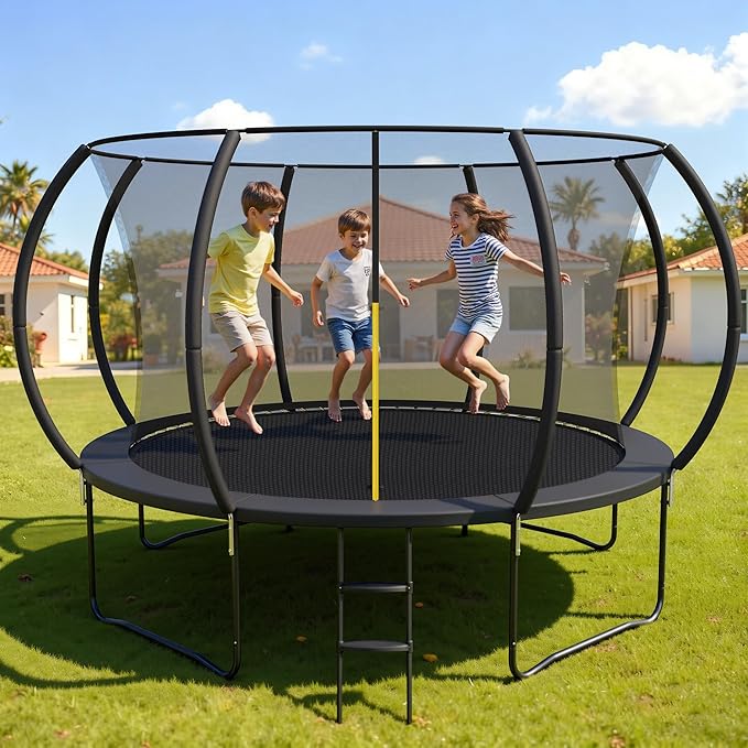 10 FT 12 FT 14 FT Trampoline for Kids Adults, ASTM Approved, Outdoor Round Trampoline with Enclosure Net Ladder, Recreational Trampolines for Backyard Family Play