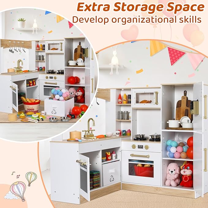 Arlopu Corner Wooden Play Kitchen with Lights & Sounds, Ultimate Pretend Cooking Toy Playset w/Utensils, Oven, Microwave, Stove, Water Dispenser (White)