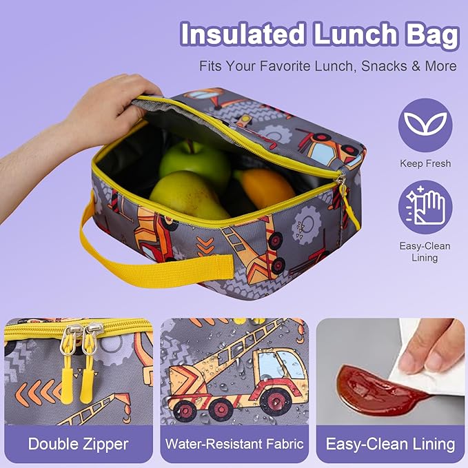 Cokouchyi 3 Pcs Kids Backpack Set with Lunch Box & Pencil Case, Lightweight Preschool Backpack for Boys Age 3-8, Kids Book bag Elementary, Truck Car