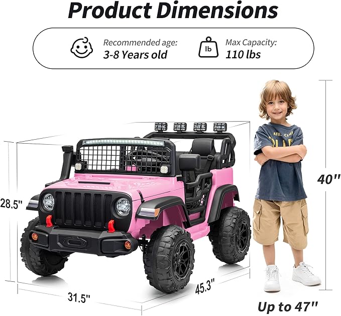 2 Seater Ride on Car Toy, 12V Electric Car for Kids 4-8 with Remote Control, Capacity 110 lb, LED Light - Light Pink