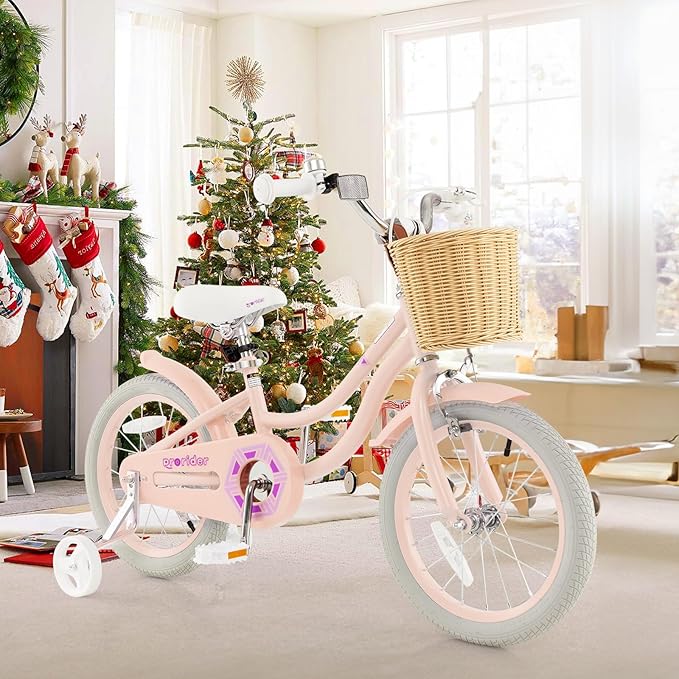 BABY JOY Kids Bike, 14 16 18 Inch Retro Kids Bicycles for 3-8 Years Old Children with Training Wheels, Adjustable Height, Rattan Basket, Handbrake & Coaster Brake, Boys Girls Bike (Pink, Green, Blue)