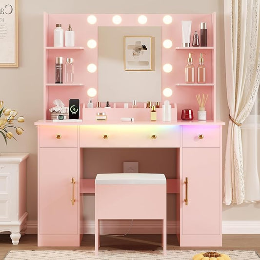 Vanity Desk with Mirror and Lights,Pink Makeup Vanity with Charging Station & Vanity Stool, 3 Drawers and Cabinets White Vanity Mirror with RGB LED Lights Vanity Desk and Chair for Women