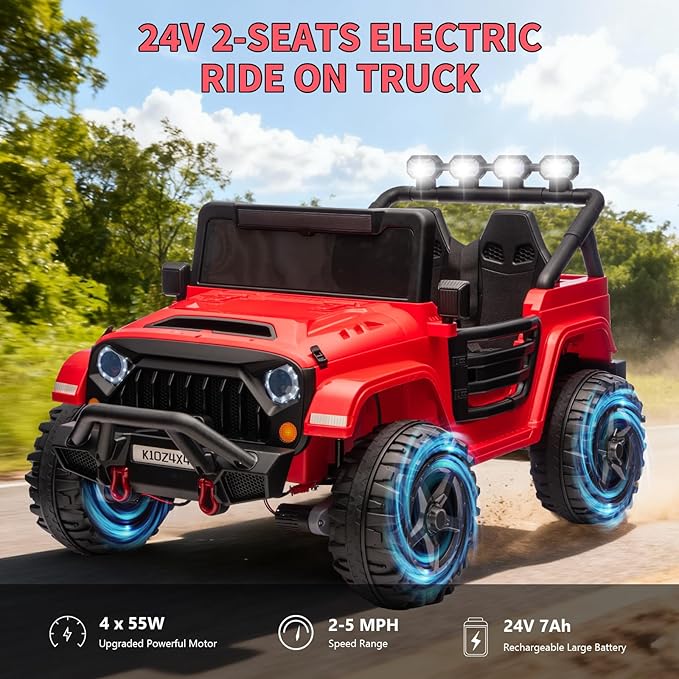 24V Ride on Toys for Kids, 2 Seater Electric Ride on Car w/Remote Control, 4 Powerful Motors, 4WD/2WD, 3 Speeds, Led Lights, Bluetooth, Ride on Truck for Kids Toddler, Red