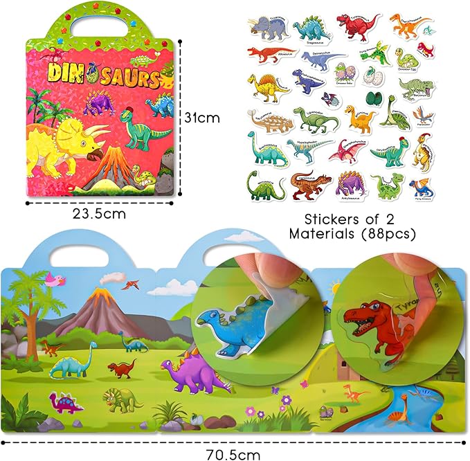 ASTARON Reusable Sticker Book for Toddlers, 88 Pcs Dinosaur Stickers Road Trip Activities Car Airplane Activities Travel Toys for Kids, Kids Quiet Time Activities (2-6 Age)