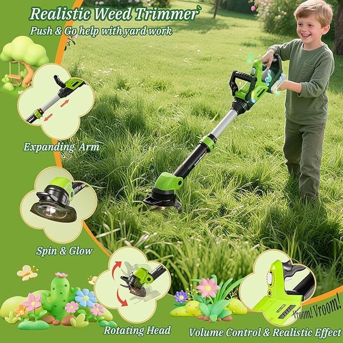 UPGRADED Kids Tool Set, 3-IN-1 Toddler Power Garden Tools with Sounds & Lights, Volume+/-, Toy Weed Wacker, Leaf Blower & Hedge Trimmer, Hat, Gloves, Apron, Toy Tools Christmas Birthday Gifts for Boys