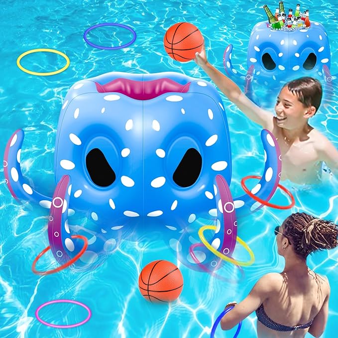 Octopus Pool Toys for Kids Ages 4-8, 2-in-1 Inflatable Pool Floats Basketball Hoop & Ring Toss Water Games for Indoor & Outdoor Pool, Beach, Backyard- Best Summer Gift for Boys Girls
