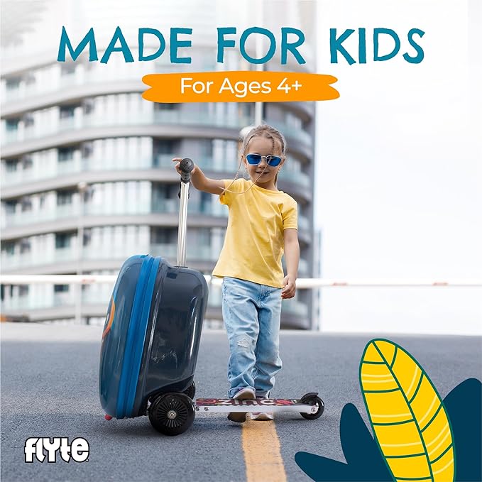 FLYTE Scooter Suitcase Folding Kids Luggage – Stormy the Shark, 18 Inch Hardshell, Ride On with Wheels, 2-in-1, 25 Litre Capacity