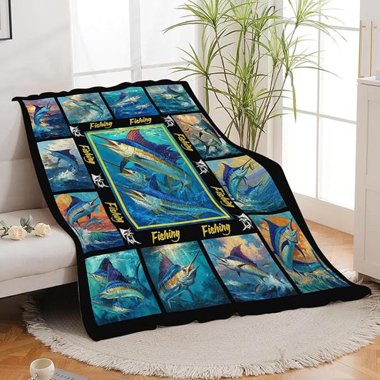 Fish Throw Blanket Fishing Marlin Stuff Gifts for Kids Girls Boys Adults Women Men Soft Cozy Warm Plush Fluffy Fuzzy Fleece Blanket Decor 60''X80''