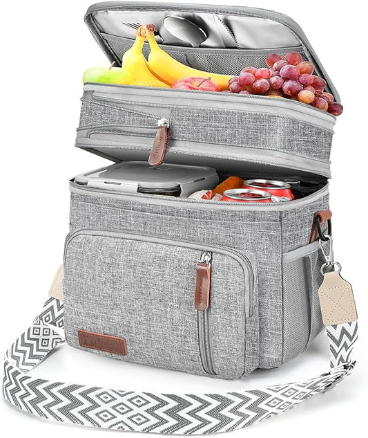 LOKASS Lunch Box & Lunch Bag for Women Men Double Deck, Large Insulated Adult Lunch Box Leakproof Lunchbox Cooler Bag for Work Picnic Beach,（Gray16L）