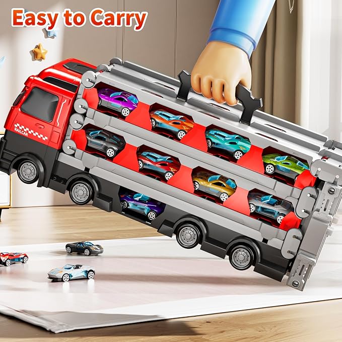 Cars Truck Set Transport Toy for Kids, Race Track Set with 12 Die-Cast Cars, Trucks Playset, 2-Tier Launching Tracks, Carrier Toy for Boys Girls Birthday Gifts for Boys Ages 1-3 2-4 3-5 4-7