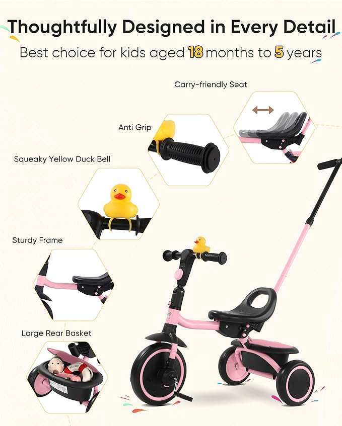 Tricycle for Toddlers 18 Months to 5 Years with Removable Push Handle, Tricycles for 3-5 Year Olds Ideal for On-The-Go Families, Adjustable Carry-Friendly Seat, Pink