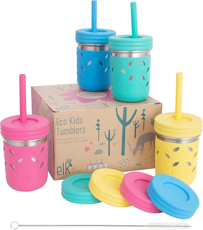Elk and Friends 10oz Stainless Steel Kids + Toddler Drinking Cups | The Original Mason Jar with Sleeves + Lids | Silicone Straws | Smoothies | Storage Jar | Spill Resistant | Dishwasher Safe | 4 Pack