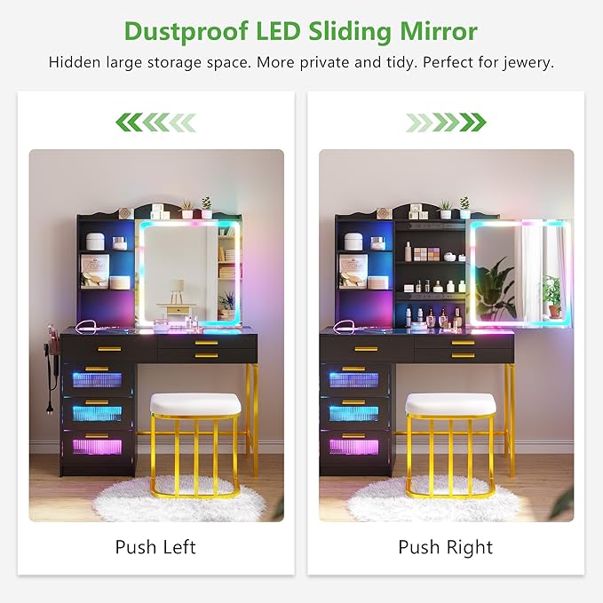 HENBC Vanity Desk with Sliding Mirror and Glass Desktop, LED Vanitys Mirror with RGB Lights Desk and Chair, Dressers Table Set with Charging Station/Makeup Organizer/6 Drawers for Bedroom(Black)
